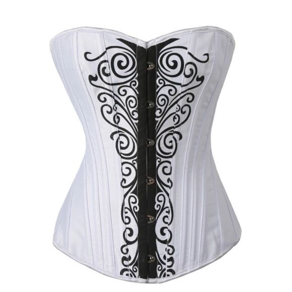 Over Bust White Corset Engagement Attire with Black Filigree Designs - Picture 3 of 8